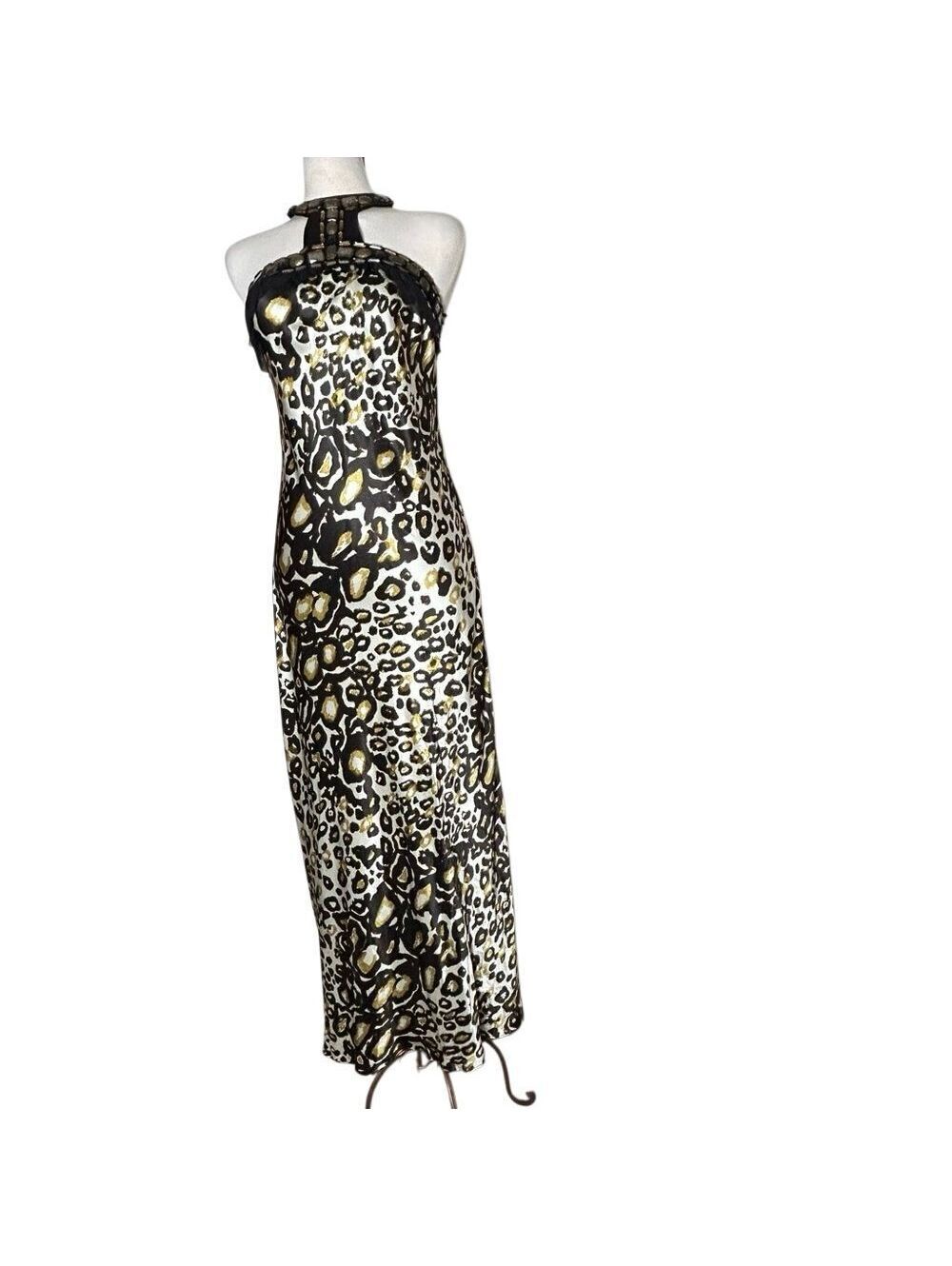 Marc Bouwer Leopard Silk Halter Dress Ivory Black Gold Maxi Jewel Neck Dress 8